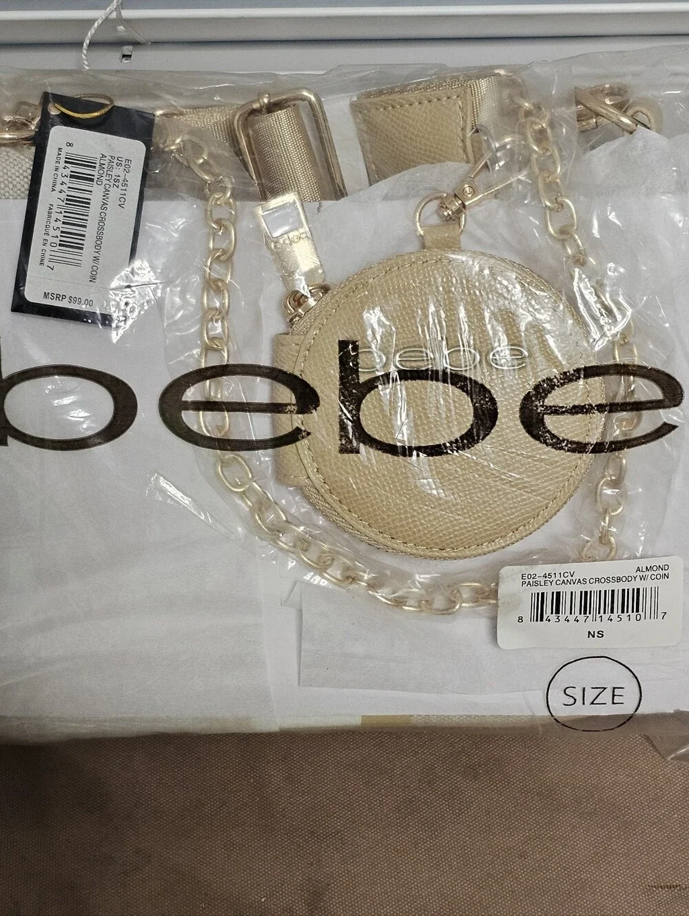 Bebe Canvas Stripe Shoulder Bag w/ Coin Purse Almond Beige Y2K‎ NWT